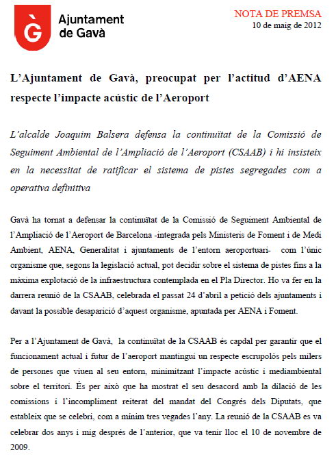 Primera p�gina de la nota de prensa emitida por el Ayuntamiento de Gav� denunciando la intenci�n de AENA de dejar morir la CSAAB del aeropuerto de Barcelona-El Prat (10 Mayo 2012)